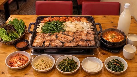 鉄板のサムギョプサルを囲む、ふたり分の卓